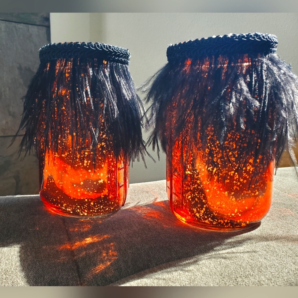 Red Mercury Glass Mason Jar Candle Holders with Black Feathers